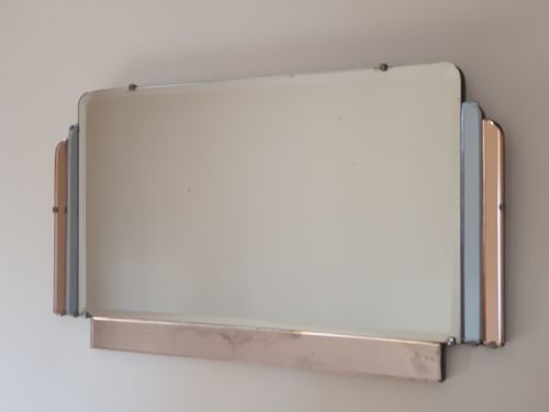 RARE PINK BLUE PANELS ART DECO MIRROR C1920 ON ORIGINAL WOODEN BACKING HANGING CHAIN - ADDITIONAL PHOTO 6