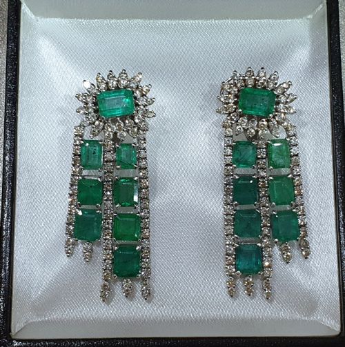 18CT WHITE GOLD 11CT EMERALD 3CT DIAMOND GATSBY DROP EARRINGS WITH CLIP POSTS C1940S - ADDITIONAL PHOTO 3