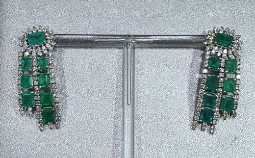 18CT WHITE GOLD 11CT EMERALD 3CT DIAMOND GATSBY DROP EARRINGS WITH CLIP POSTS C1940S - ADDITIONAL PHOTO 8