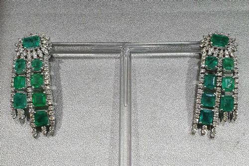 18CT WHITE GOLD 11CT EMERALD 3CT DIAMOND GATSBY DROP EARRINGS WITH CLIP POSTS C1940S - ADDITIONAL PHOTO 9