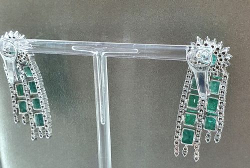 18CT WHITE GOLD 11CT EMERALD 3CT DIAMOND GATSBY DROP EARRINGS WITH CLIP POSTS C1940S - ADDITIONAL PHOTO 11
