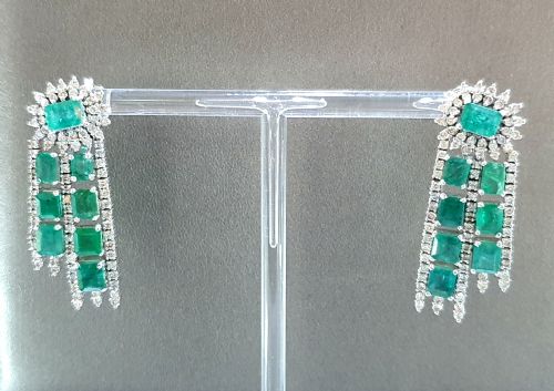 18CT WHITE GOLD 11CT EMERALD 3CT DIAMOND GATSBY DROP EARRINGS WITH CLIP POSTS C1940S - ADDITIONAL PHOTO 12