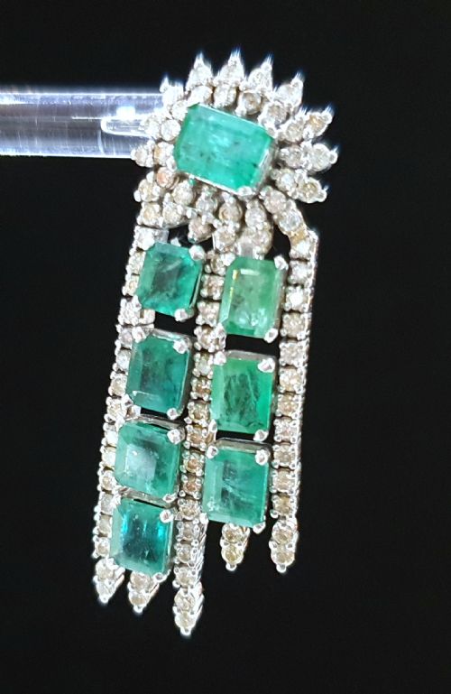 18CT WHITE GOLD 11CT EMERALD 3CT DIAMOND GATSBY DROP EARRINGS WITH CLIP POSTS C1940S - ADDITIONAL PHOTO 13