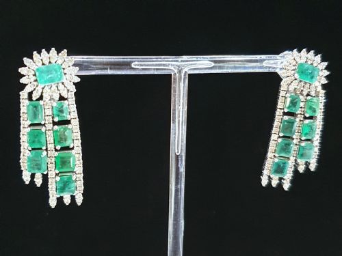 18CT WHITE GOLD 11CT EMERALD 3CT DIAMOND GATSBY DROP EARRINGS WITH CLIP POSTS C1940S - ADDITIONAL PHOTO 15