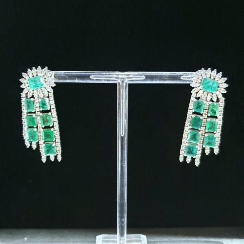 18CT WHITE GOLD 11CT EMERALD 3CT DIAMOND GATSBY DROP EARRINGS WITH CLIP POSTS C1940S - ADDITIONAL PHOTO 16