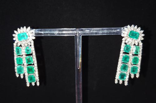 18CT WHITE GOLD 11CT EMERALD 3CT DIAMOND GATSBY DROP EARRINGS WITH CLIP POSTS C1940S - ADDITIONAL PHOTO 17