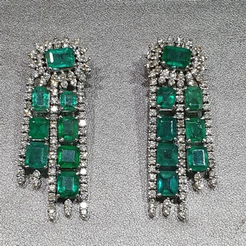 18CT WHITE GOLD 11CT EMERALD 3CT DIAMOND GATSBY DROP EARRINGS WITH CLIP POSTS C1940S - ADDITIONAL PHOTO 4