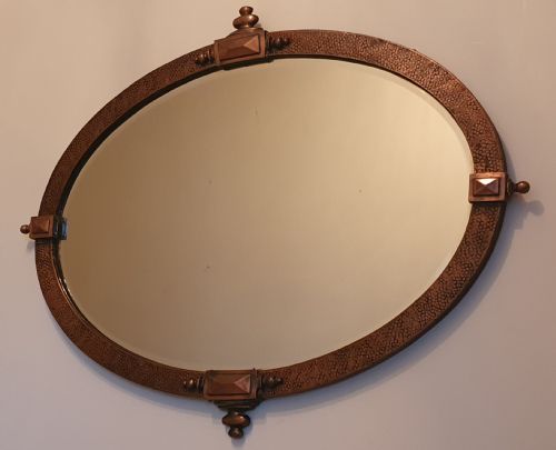 ARTS CRAFTS HAMMERED COPPER OVERMANTLE MIRROR WITH RARE DETAILING ORIGINAL HANGING CHAIN C1910 - ADDITIONAL PHOTO 1