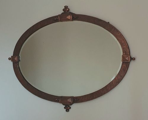 ARTS CRAFTS HAMMERED COPPER OVERMANTLE MIRROR WITH RARE DETAILING ORIGINAL HANGING CHAIN C1910 - ADDITIONAL PHOTO 5