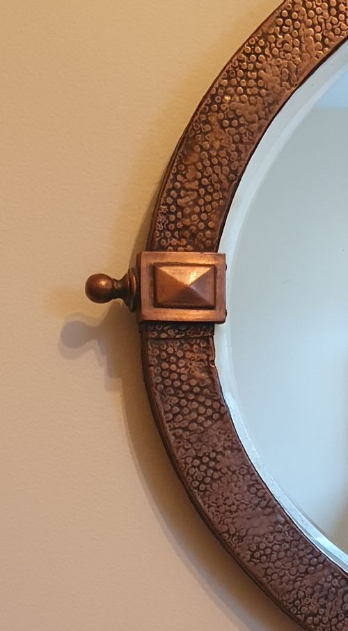ARTS CRAFTS HAMMERED COPPER OVERMANTLE MIRROR WITH RARE DETAILING ORIGINAL HANGING CHAIN C1910 - ADDITIONAL PHOTO 7