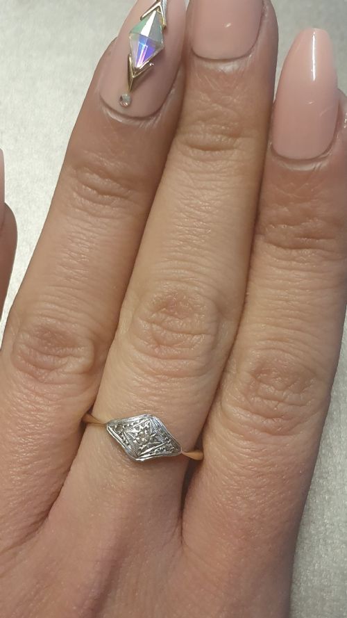ART DECO PLATINUM SET DIAMONDS LOZENGE ON 9CT GOLD RING SIZE P - ADDITIONAL PHOTO 5