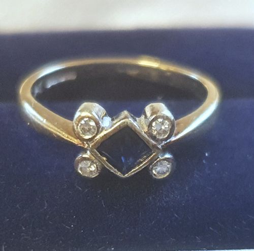 RARE EDWARDIAN ART DECO PRINCESS SAPPHIRE DIAMOND 9CT GOLD RING SIZE J - ADDITIONAL PHOTO 7
