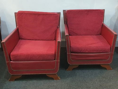 PAIR OF REUPHOLSTERED WITH RED GRAIN LEATHER STUDS LOUNGE CHAIRS IN MOROCCAN STYLE DATED 1930S50 - ADDITIONAL PHOTO 2
