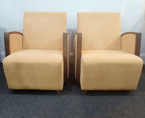 PAIR FRENCH SUEDE ART DECO CHAIRS WALNUT SKI SLOPE ARMS C1930S - ADDITIONAL PHOTO 1