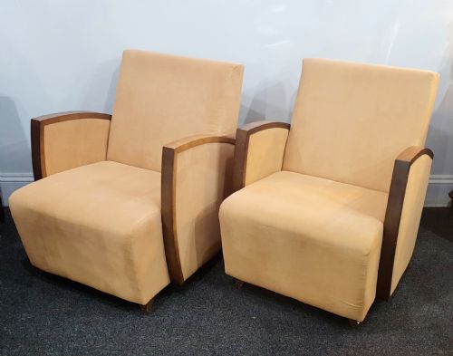 pair french suede art deco chairs walnut ski slope arms c1930s - CATEGORY: ANTIQUE CHAIRS - DATED 1930