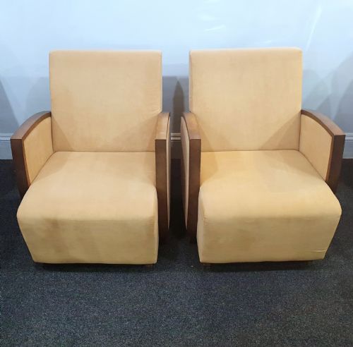 PAIR FRENCH SUEDE ART DECO CHAIRS WALNUT SKI SLOPE ARMS C1930S - ADDITIONAL PHOTO 3