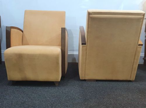 PAIR FRENCH SUEDE ART DECO CHAIRS WALNUT SKI SLOPE ARMS C1930S - ADDITIONAL PHOTO 4
