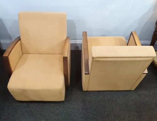 PAIR FRENCH SUEDE ART DECO CHAIRS WALNUT SKI SLOPE ARMS C1930S - ADDITIONAL PHOTO 5