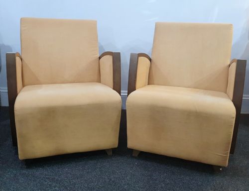 PAIR FRENCH SUEDE ART DECO CHAIRS WALNUT SKI SLOPE ARMS C1930S - ADDITIONAL PHOTO 6