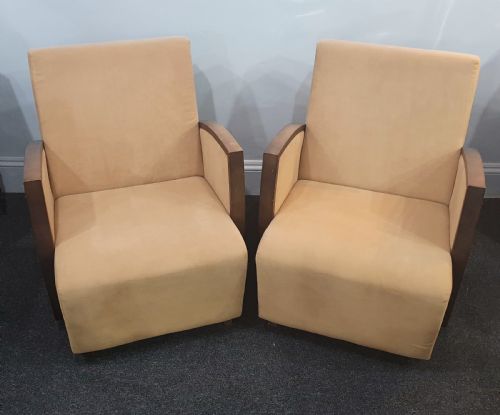 PAIR FRENCH SUEDE ART DECO CHAIRS WALNUT SKI SLOPE ARMS C1930S - ADDITIONAL PHOTO 7