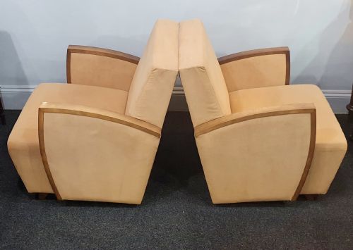PAIR FRENCH SUEDE ART DECO CHAIRS WALNUT SKI SLOPE ARMS C1930S - ADDITIONAL PHOTO 2