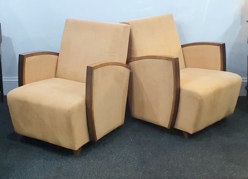 PAIR FRENCH SUEDE ART DECO CHAIRS WALNUT SKI SLOPE ARMS C1930S - ADDITIONAL PHOTO 9
