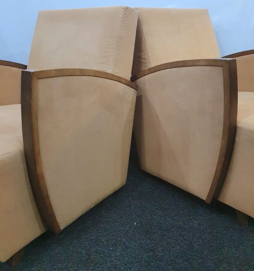 PAIR FRENCH SUEDE ART DECO CHAIRS WALNUT SKI SLOPE ARMS C1930S - ADDITIONAL PHOTO 10