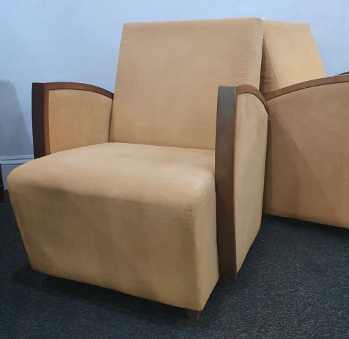 PAIR FRENCH SUEDE ART DECO CHAIRS WALNUT SKI SLOPE ARMS C1930S - ADDITIONAL PHOTO 11