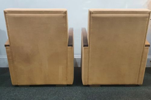 PAIR FRENCH SUEDE ART DECO CHAIRS WALNUT SKI SLOPE ARMS C1930S - ADDITIONAL PHOTO 12
