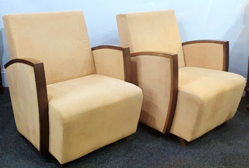 PAIR FRENCH SUEDE ART DECO CHAIRS WALNUT SKI SLOPE ARMS C1930S - ADDITIONAL PHOTO 13