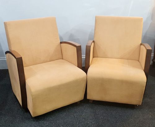 PAIR FRENCH SUEDE ART DECO CHAIRS WALNUT SKI SLOPE ARMS C1930S - ADDITIONAL PHOTO 14