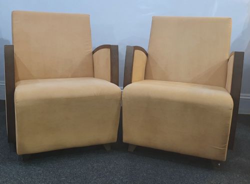 PAIR FRENCH SUEDE ART DECO CHAIRS WALNUT SKI SLOPE ARMS C1930S - ADDITIONAL PHOTO 15