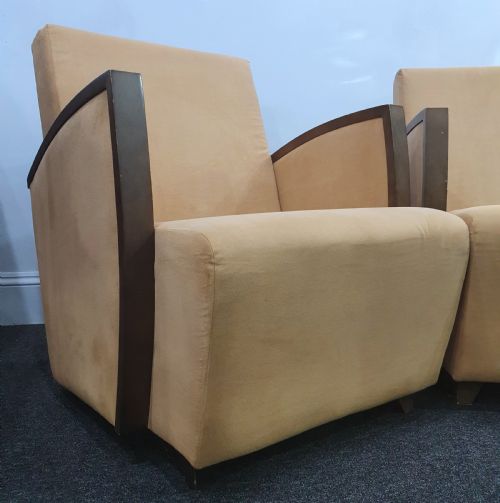 PAIR FRENCH SUEDE ART DECO CHAIRS WALNUT SKI SLOPE ARMS C1930S - ADDITIONAL PHOTO 16