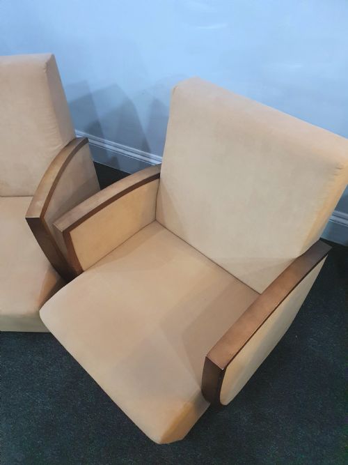 PAIR FRENCH SUEDE ART DECO CHAIRS WALNUT SKI SLOPE ARMS C1930S - ADDITIONAL PHOTO 18