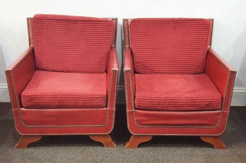 PAIR OF REUPHOLSTERED WITH RED GRAIN LEATHER STUDS LOUNGE CHAIRS IN MOROCCAN STYLE DATED 1930S50 - ADDITIONAL PHOTO 1