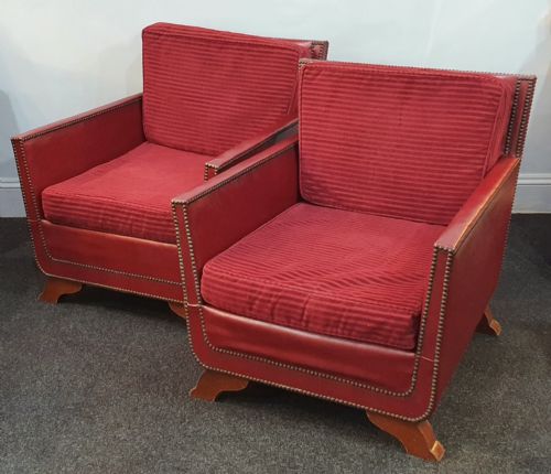 pair of reupholstered with red grain leather studs lounge chairs in moroccan style dated 1930s50 - CATEGORY: ANTIQUE CHAIRS - DATED 1950