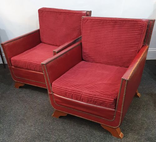 PAIR OF REUPHOLSTERED WITH RED GRAIN LEATHER STUDS LOUNGE CHAIRS IN MOROCCAN STYLE DATED 1930S50 - ADDITIONAL PHOTO 3