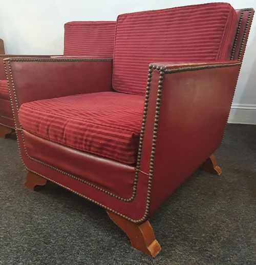 PAIR OF REUPHOLSTERED WITH RED GRAIN LEATHER STUDS LOUNGE CHAIRS IN MOROCCAN STYLE DATED 1930S50 - ADDITIONAL PHOTO 4