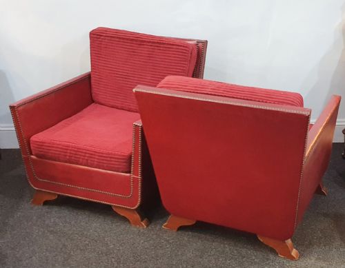 PAIR OF REUPHOLSTERED WITH RED GRAIN LEATHER STUDS LOUNGE CHAIRS IN MOROCCAN STYLE DATED 1930S50 - ADDITIONAL PHOTO 5