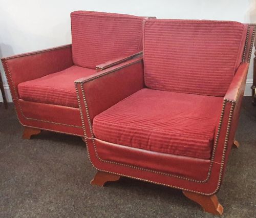 PAIR OF REUPHOLSTERED WITH RED GRAIN LEATHER STUDS LOUNGE CHAIRS IN MOROCCAN STYLE DATED 1930S50 - ADDITIONAL PHOTO 6
