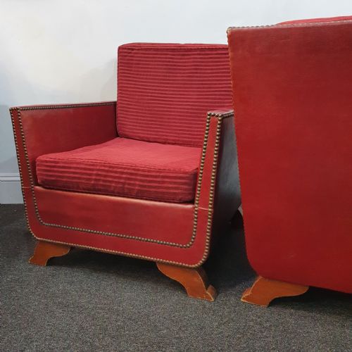 PAIR OF REUPHOLSTERED WITH RED GRAIN LEATHER STUDS LOUNGE CHAIRS IN MOROCCAN STYLE DATED 1930S50 - ADDITIONAL PHOTO 7