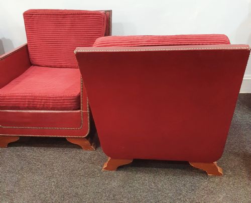 PAIR OF REUPHOLSTERED WITH RED GRAIN LEATHER STUDS LOUNGE CHAIRS IN MOROCCAN STYLE DATED 1930S50 - ADDITIONAL PHOTO 9