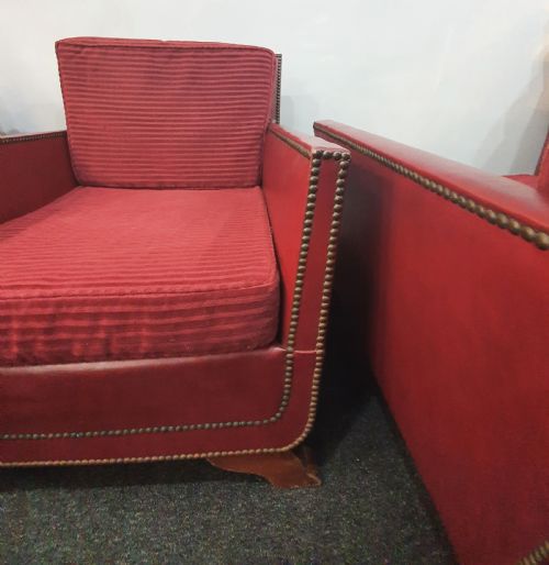 PAIR OF REUPHOLSTERED WITH RED GRAIN LEATHER STUDS LOUNGE CHAIRS IN MOROCCAN STYLE DATED 1930S50 - ADDITIONAL PHOTO 10