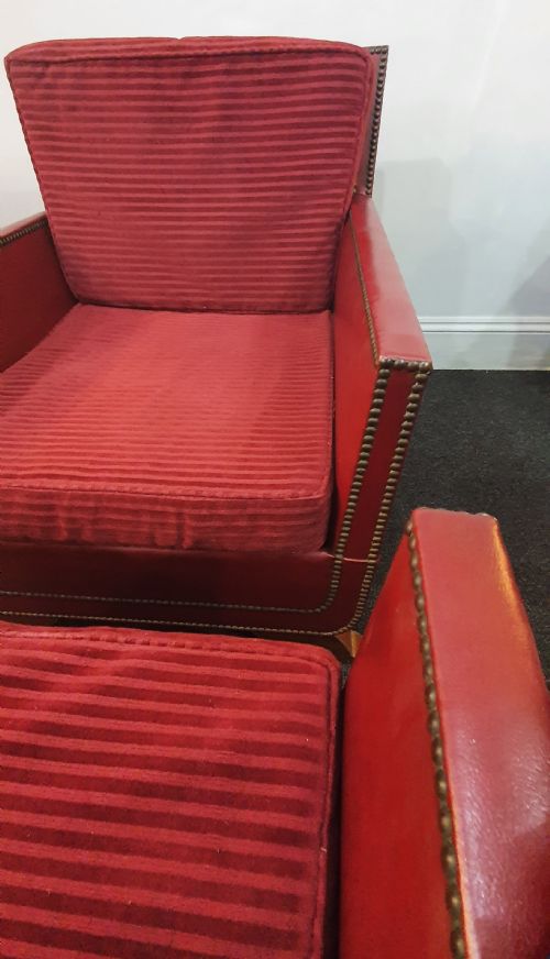 PAIR OF REUPHOLSTERED WITH RED GRAIN LEATHER STUDS LOUNGE CHAIRS IN MOROCCAN STYLE DATED 1930S50 - ADDITIONAL PHOTO 11