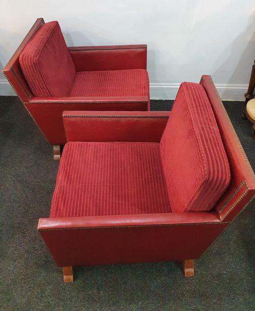 PAIR OF REUPHOLSTERED WITH RED GRAIN LEATHER STUDS LOUNGE CHAIRS IN MOROCCAN STYLE DATED 1930S50 - ADDITIONAL PHOTO 12