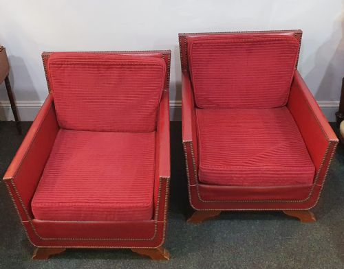 PAIR OF REUPHOLSTERED WITH RED GRAIN LEATHER STUDS LOUNGE CHAIRS IN MOROCCAN STYLE DATED 1930S50 - ADDITIONAL PHOTO 14