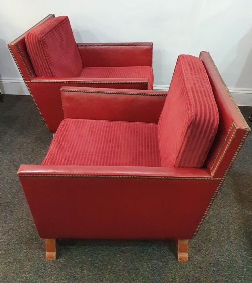 PAIR OF REUPHOLSTERED WITH RED GRAIN LEATHER STUDS LOUNGE CHAIRS IN MOROCCAN STYLE DATED 1930S50 - ADDITIONAL PHOTO 15