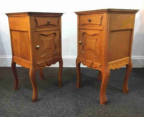 early 1900s pair french marble top oak bedside cabinets - CATEGORY: ANTIQUE CUPBOARDS - DATED 1900