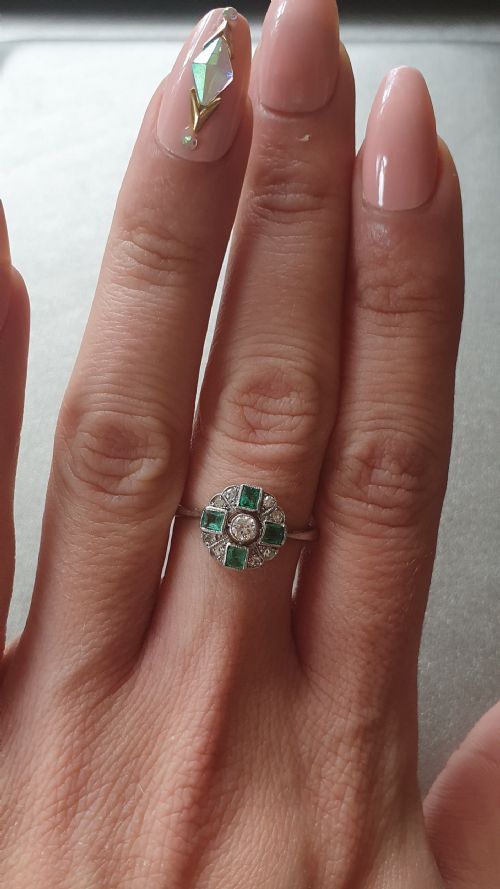 1920S30S SOLID PLATINUM DIAMOND EMERALD ART DECO RING SIZE P - ADDITIONAL PHOTO 5