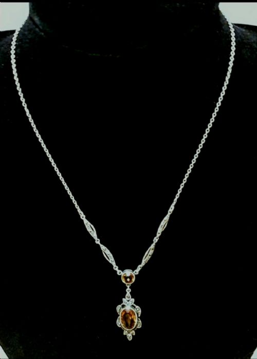 edwardian citrine marcasite sterling silver chain necklace in lavalier pendant style - CATEGORY: ANTIQUE JEWELLERY - DATED EDWARDIAN